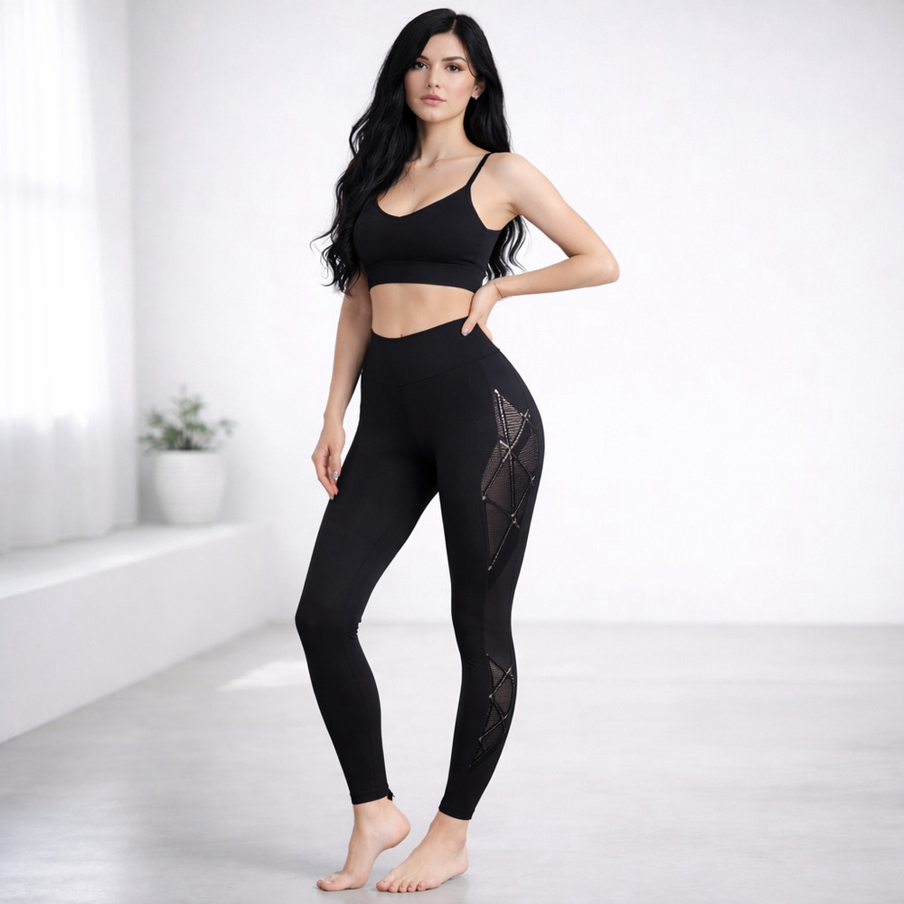 Koral Black Geometric Mesh Leggings XS High Rise Sculpting Athleisure